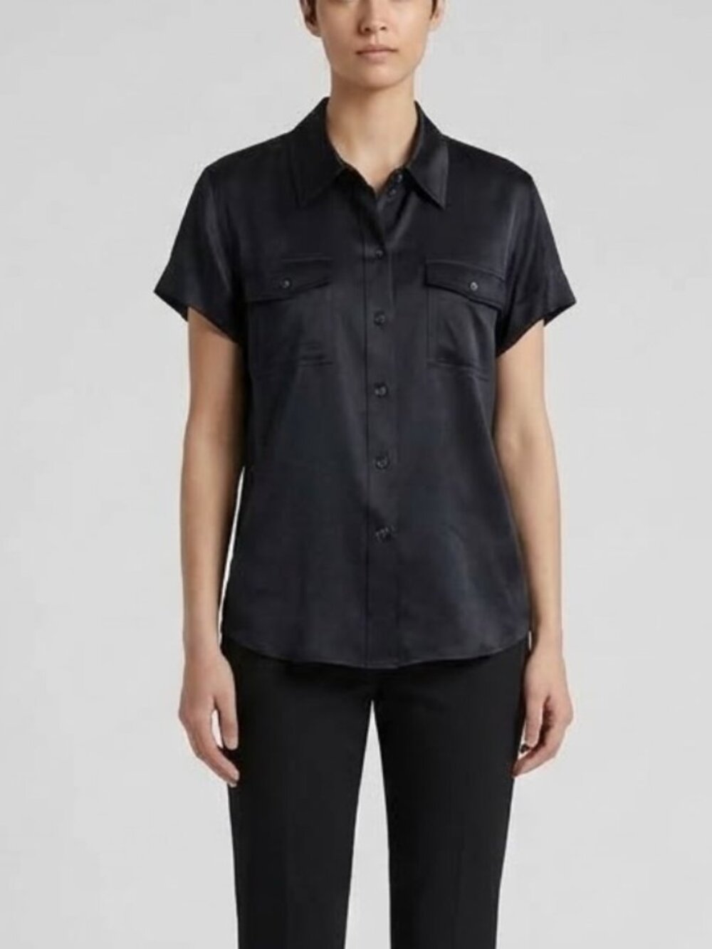 Chico's Black Silk Short Sleeve Button Up Blouse